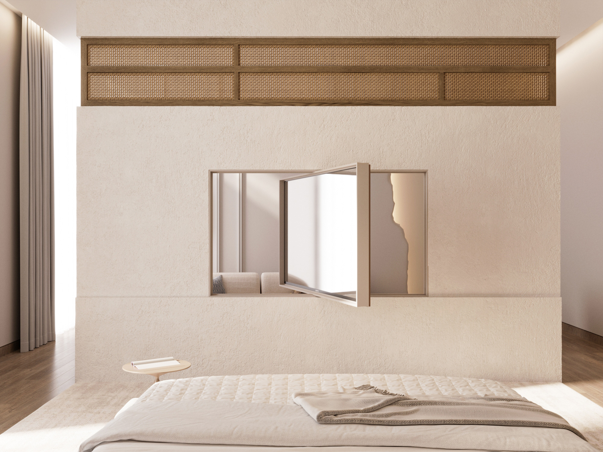 modern minimalist farm style interior design master bedroom tv wall dubai abudhabi