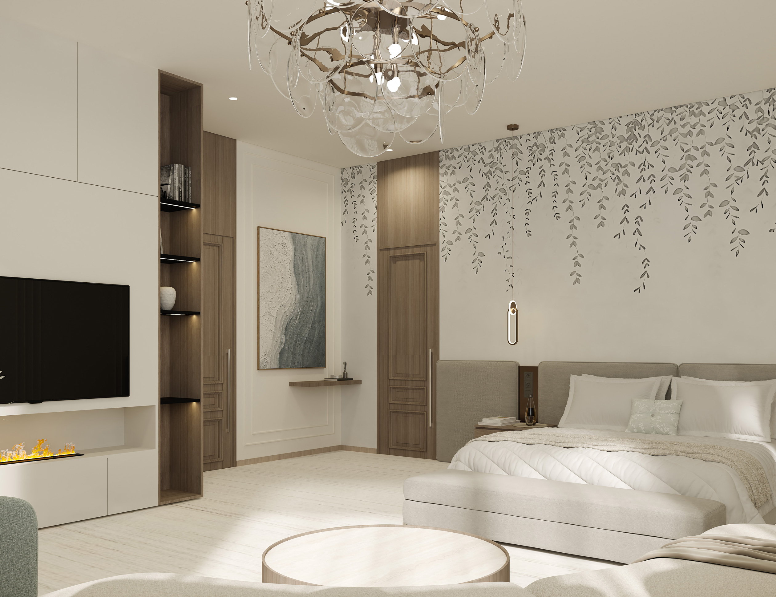 timeless modern luxury classsic interior design bedroom muted tones wallpaper abudhabi dubai